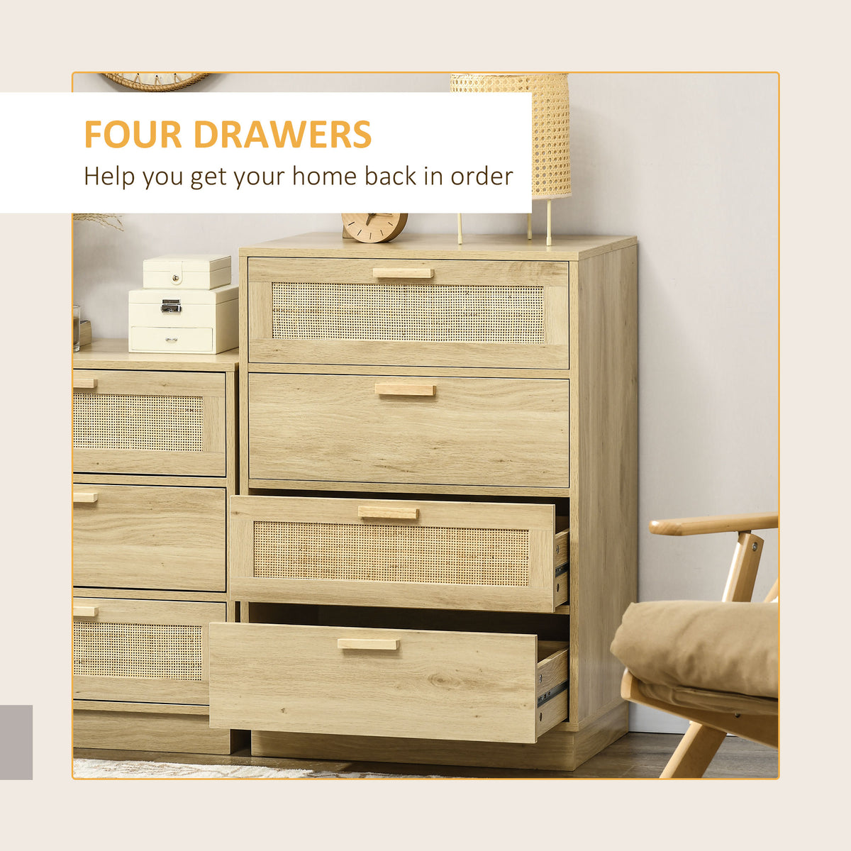 HOMCOM Boho Rattan 4 Drawer Dresser – Bedroom Chest of Drawers with Wood-Effect Finish, Natural