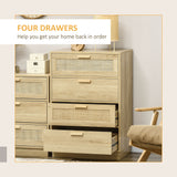 HOMCOM Boho Rattan 4 Drawer Dresser – Bedroom Chest of Drawers with Wood-Effect Finish, Natural