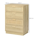 HOMCOM Boho Rattan 4 Drawer Dresser – Bedroom Chest of Drawers with Wood-Effect Finish, Natural