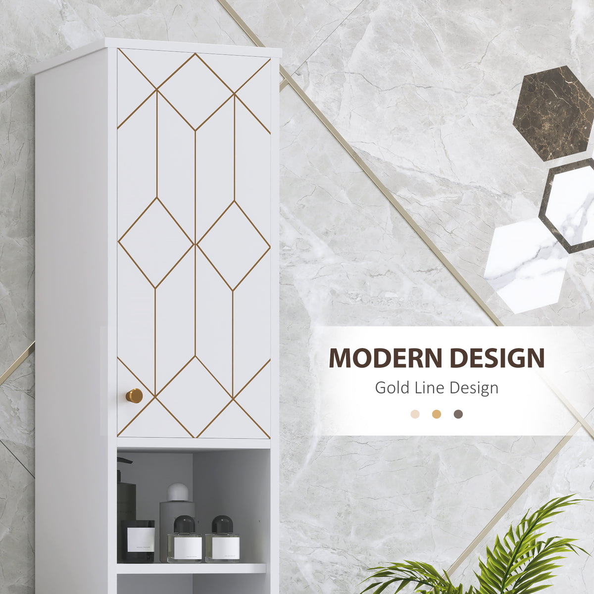 HOMCOM Slim Bathroom Storage Cabinet with Doors, Open Towel Shelf & Gold Accents – Space-Saving Unit, White