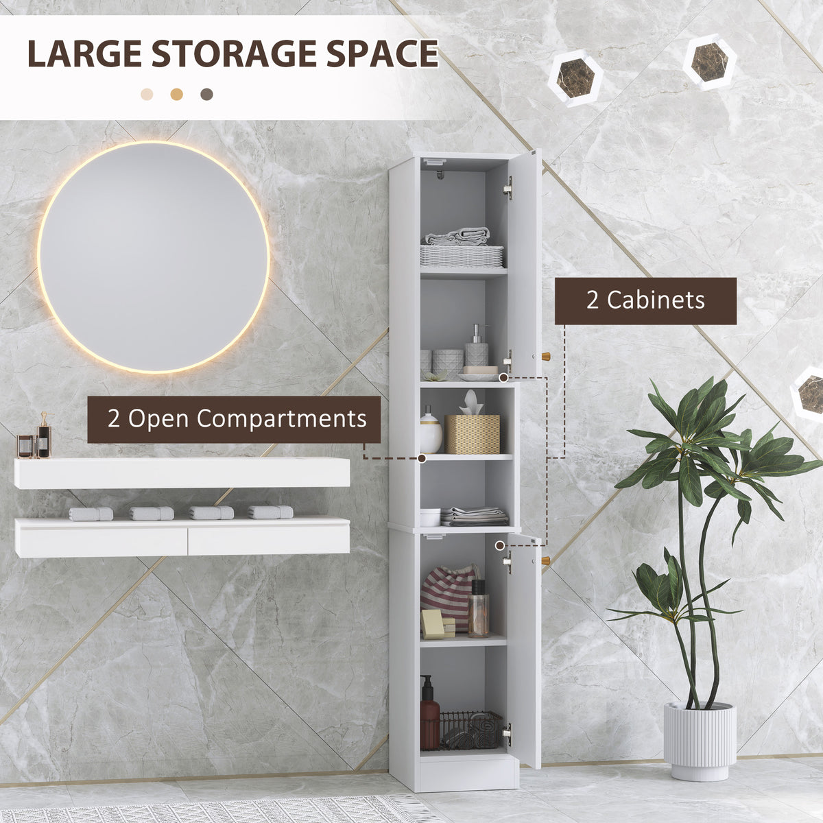 HOMCOM Slim Bathroom Storage Cabinet with Doors, Open Towel Shelf & Gold Accents – Space-Saving Unit, White