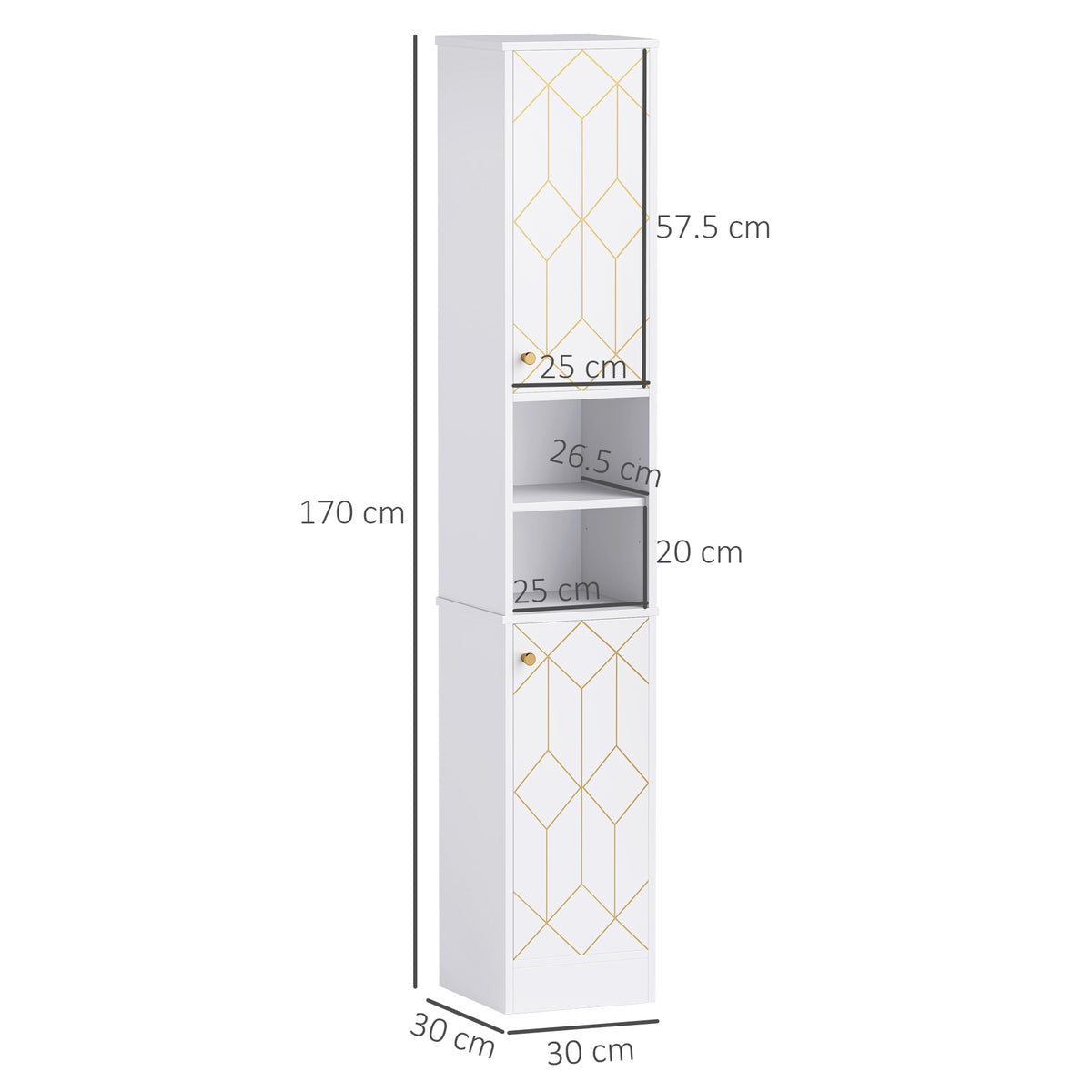 HOMCOM Slim Bathroom Storage Cabinet with Doors, Open Towel Shelf & Gold Accents – Space-Saving Unit, White