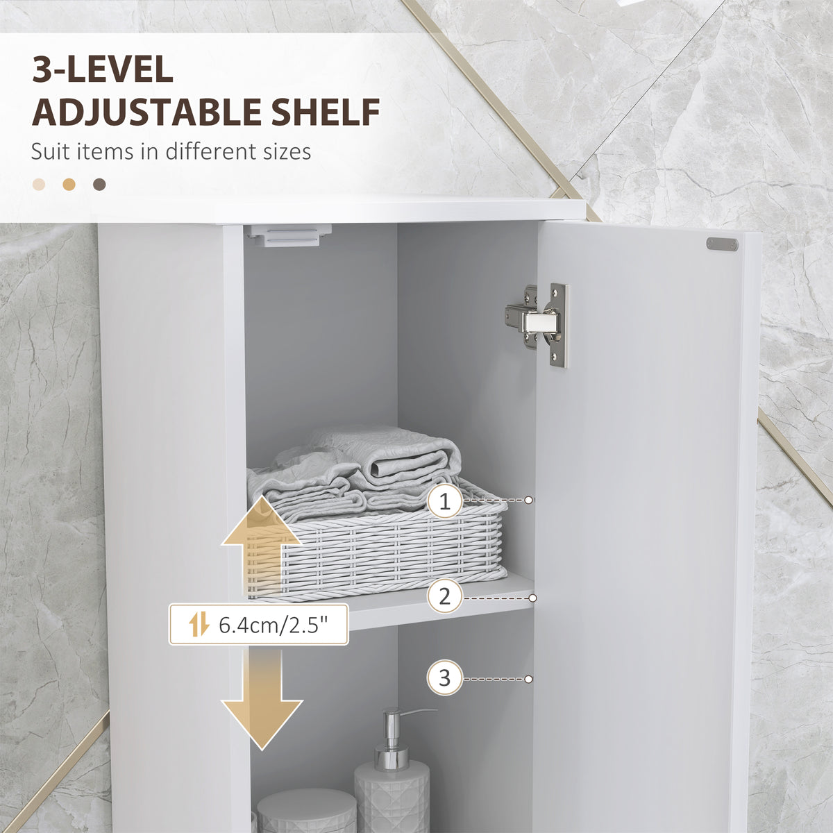 HOMCOM Slim Bathroom Storage Cabinet with Doors, Open Towel Shelf & Gold Accents – Space-Saving Unit, White