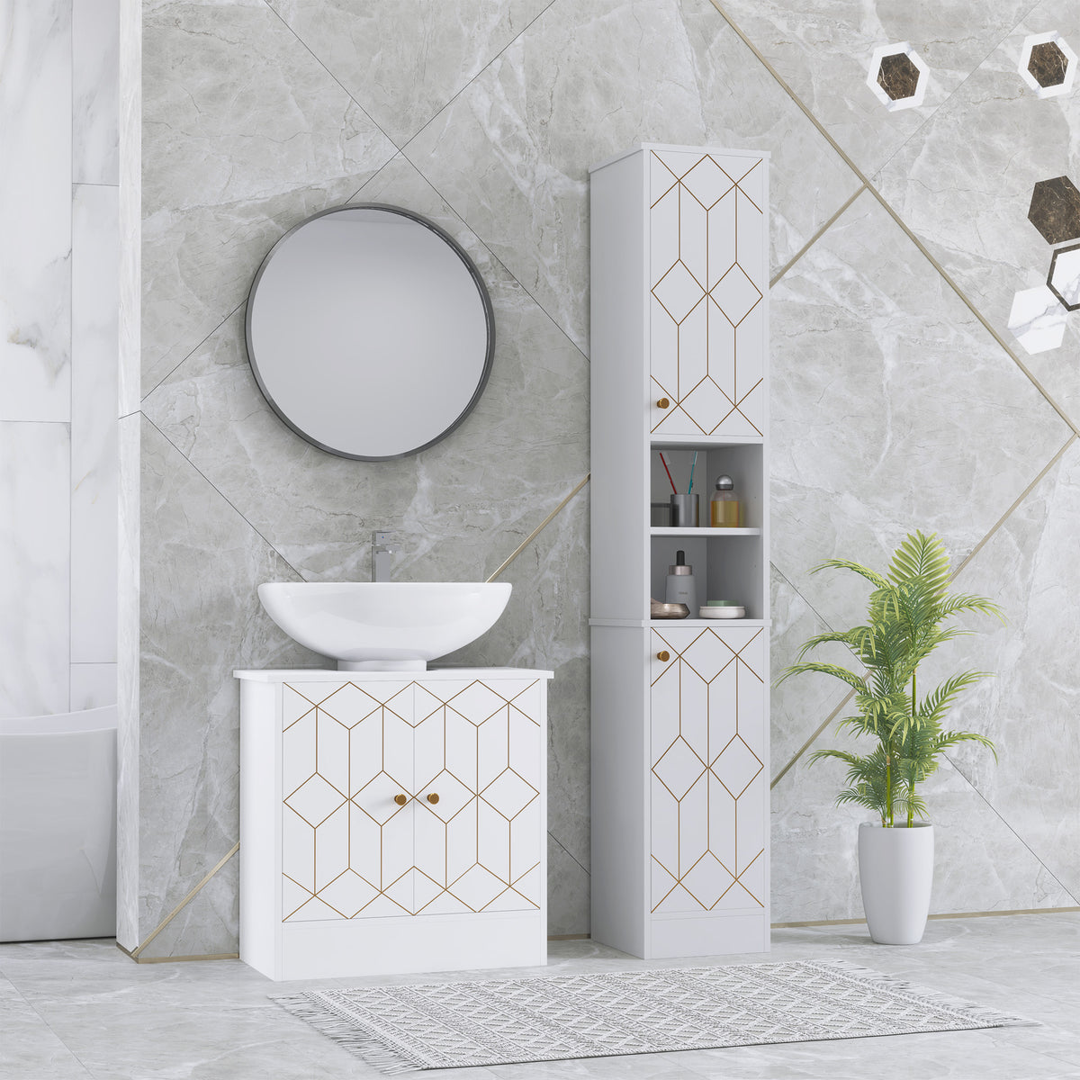 HOMCOM Slim Bathroom Storage Cabinet with Doors, Open Towel Shelf & Gold Accents – Space-Saving Unit, White