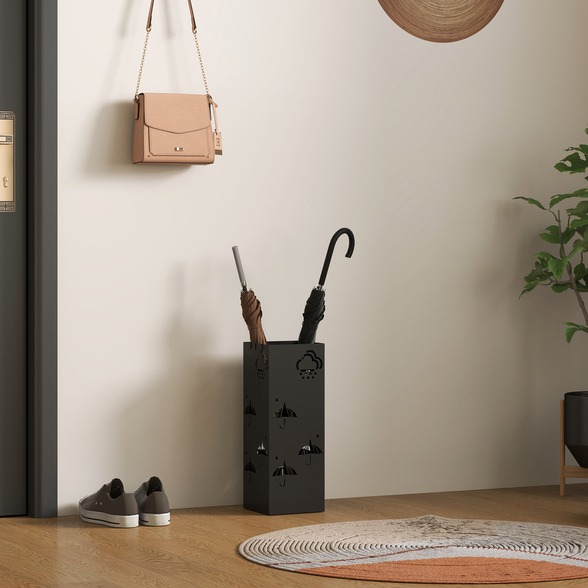 HOMCOM Decorative Umbrella Stand with Removable Drip Tray & 4 Hooks – Hallway Storage, Black