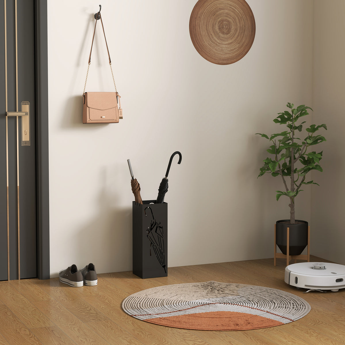 HOMCOM Square Umbrella Stand with Hooks & Removable Water Tray – Hallway Storage, Black