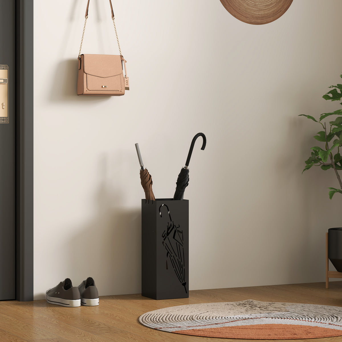 HOMCOM Square Umbrella Stand with Hooks & Removable Water Tray – Hallway Storage, Black