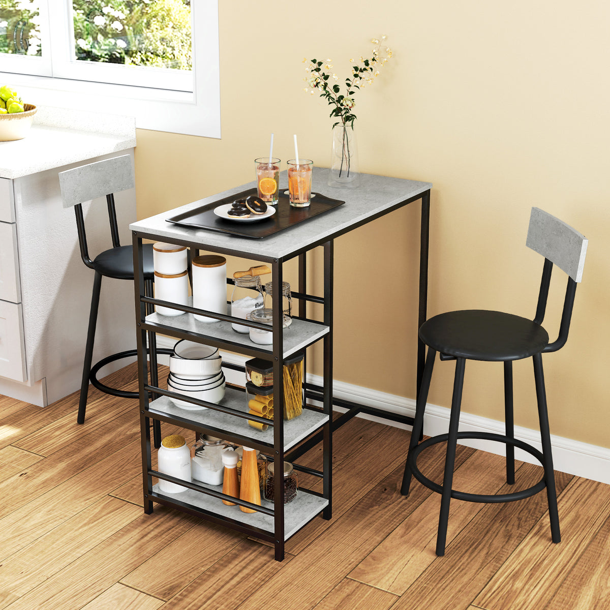 HOMCOM 3 Piece Space-Saving Dining Table and Chairs Set with Padded Seats – Compact Dining for Two, Light Grey