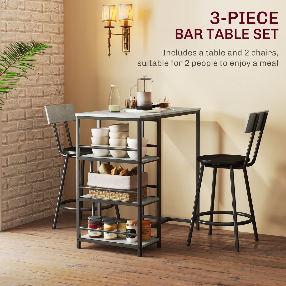 HOMCOM 3 Piece Space-Saving Dining Table and Chairs Set with Padded Seats – Compact Dining for Two, Light Grey