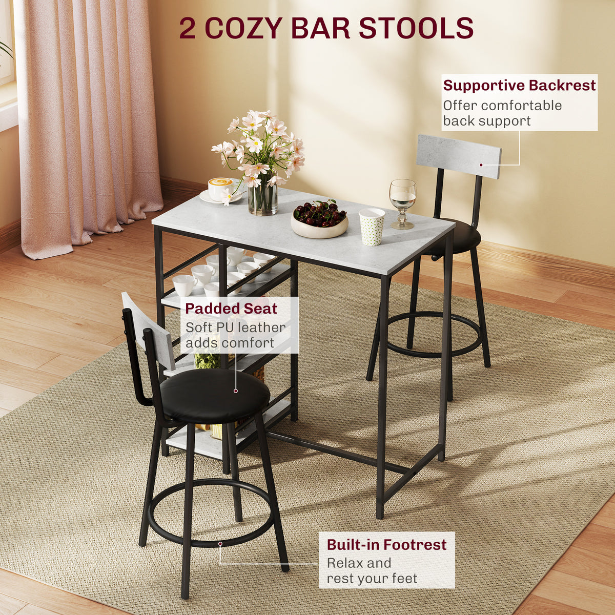 HOMCOM 3 Piece Space-Saving Dining Table and Chairs Set with Padded Seats – Compact Dining for Two, Light Grey
