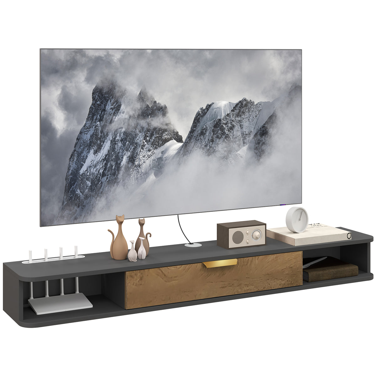 HOMCOM 140cm Floating TV Unit with Flip-Up Cabinet and Open Shelves – Wall-Mounted Media Console, Grey