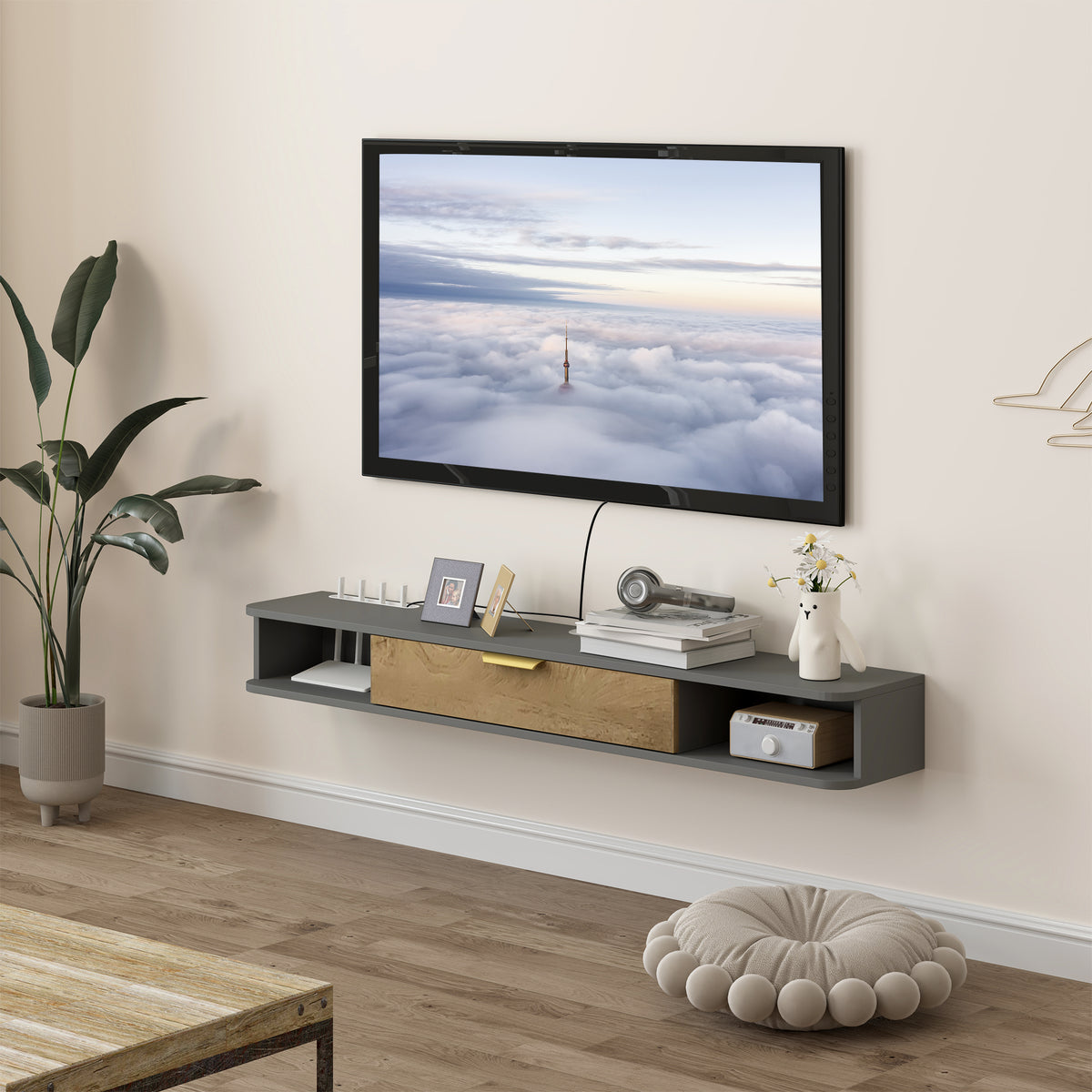 HOMCOM 140cm Floating TV Unit with Flip-Up Cabinet and Open Shelves – Wall-Mounted Media Console, Grey