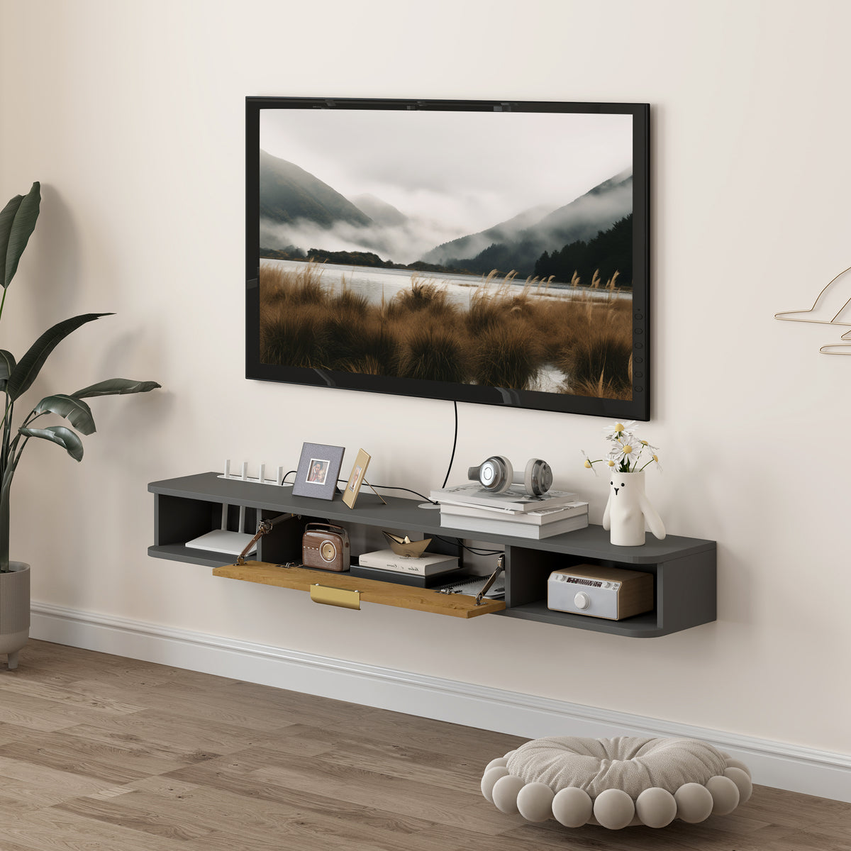 HOMCOM 140cm Floating TV Unit with Flip-Up Cabinet and Open Shelves – Wall-Mounted Media Console, Grey