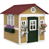 Outsunny Wooden Playhouse with Doors & Plant Pots for Kids – Fir Wood Garden Playhouse, Beige