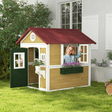 Outsunny Wooden Playhouse with Doors & Plant Pots for Kids – Fir Wood Garden Playhouse, Beige