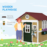 Outsunny Wooden Playhouse with Doors & Plant Pots for Kids – Fir Wood Garden Playhouse, Beige