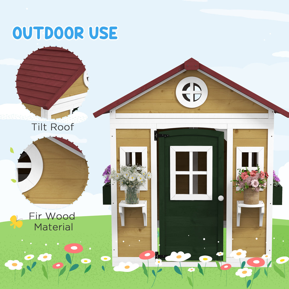 Outsunny Wooden Playhouse with Doors & Plant Pots for Kids – Fir Wood Garden Playhouse, Beige