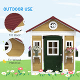 Outsunny Wooden Playhouse with Doors & Plant Pots for Kids – Fir Wood Garden Playhouse, Beige