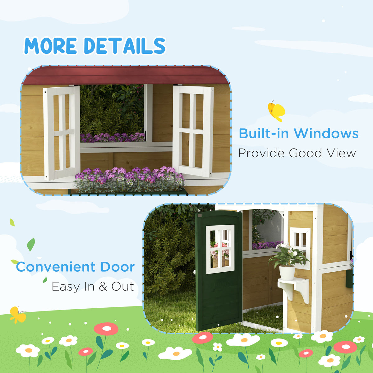Outsunny Wooden Playhouse with Doors & Plant Pots for Kids – Fir Wood Garden Playhouse, Beige