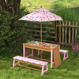 AIYAPLAY Kids Picnic Table and Bench Set with Foldable Umbrella & Storage Boxes – Wooden Garden Furniture, Pink