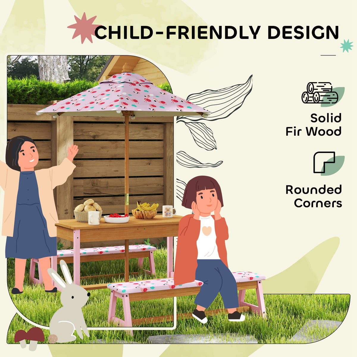AIYAPLAY Kids Picnic Table and Bench Set with Foldable Umbrella & Storage Boxes – Wooden Garden Furniture, Pink
