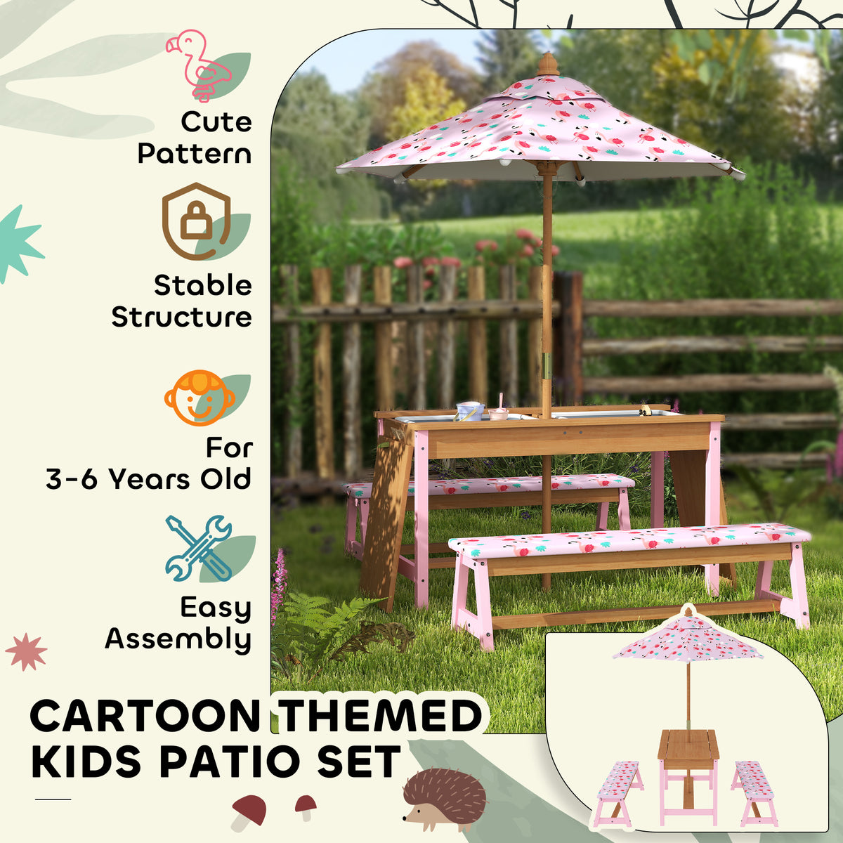 AIYAPLAY Kids Picnic Table and Bench Set with Foldable Umbrella & Storage Boxes – Wooden Garden Furniture, Pink