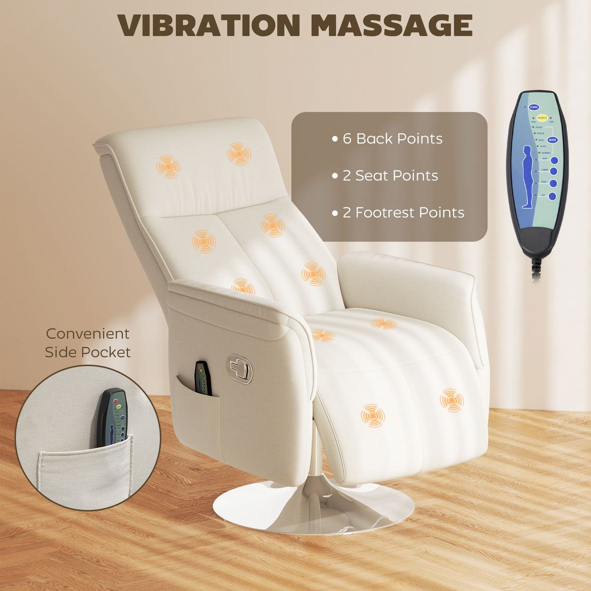 HOMCOM Massage Reclining Chair with 10 Massage Points & Pulse, Press and Wave Modes – Cream White