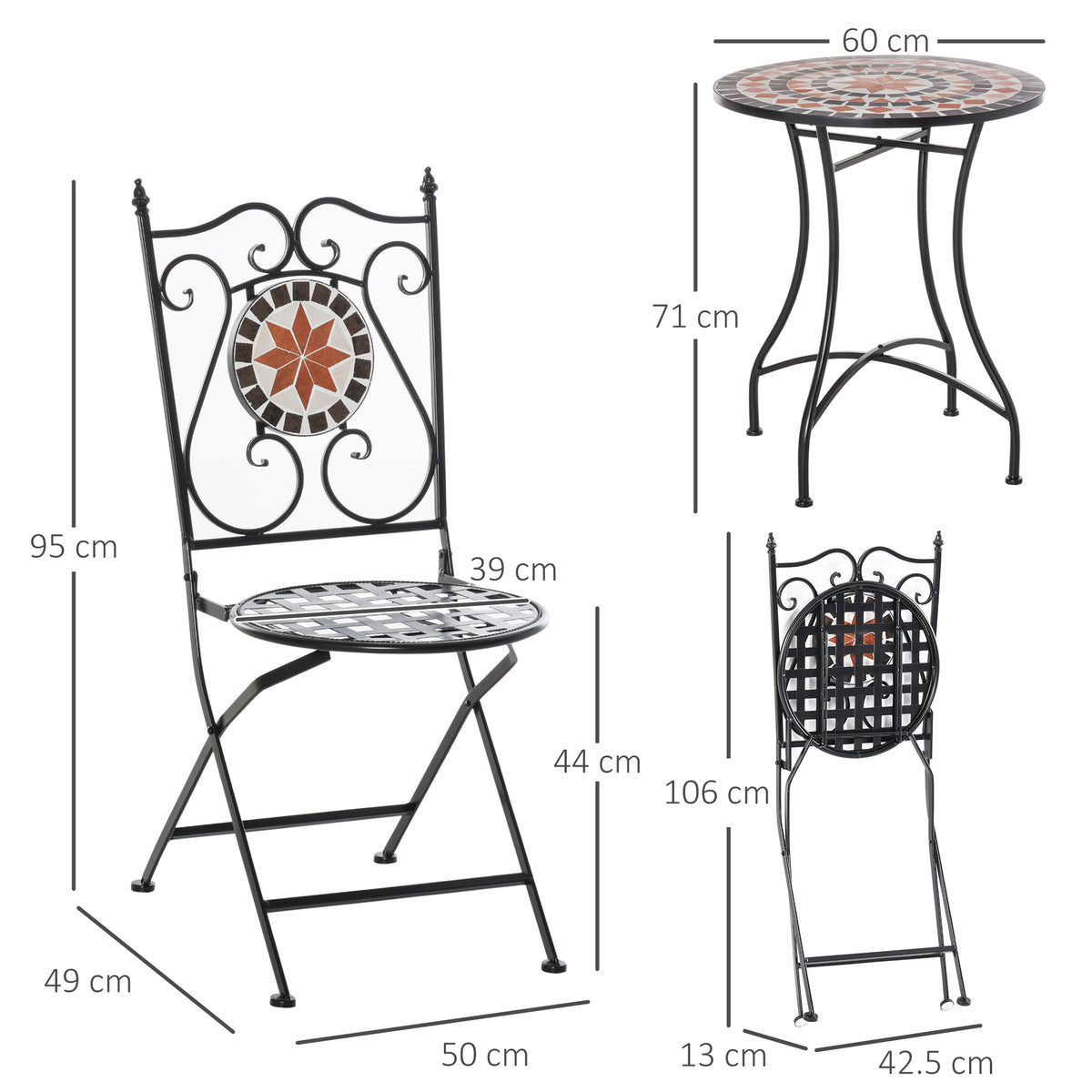 Outsunny 3-Piece Bistro Set with Mosaic Round Table & 2 Foldable Chairs – Patio & Balcony Furniture