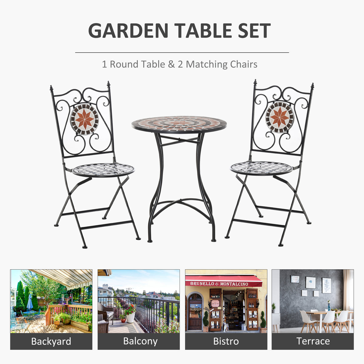 Outsunny 3-Piece Bistro Set with Mosaic Round Table & 2 Foldable Chairs – Patio & Balcony Furniture