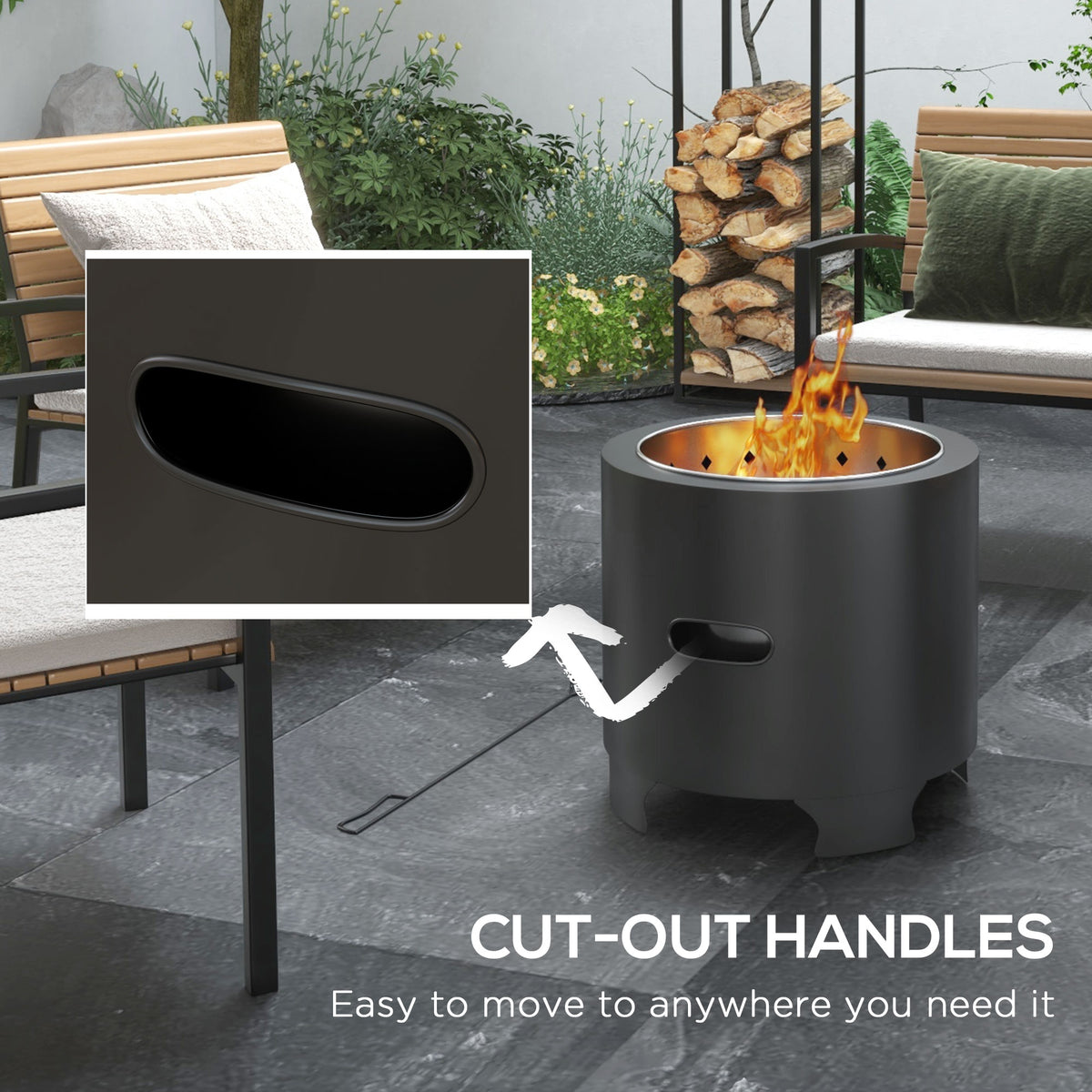 Outsunny Outdoor Fire Pit with Secondary Combustion System and Poker – Smokeless Garden Fire Bowl, Black