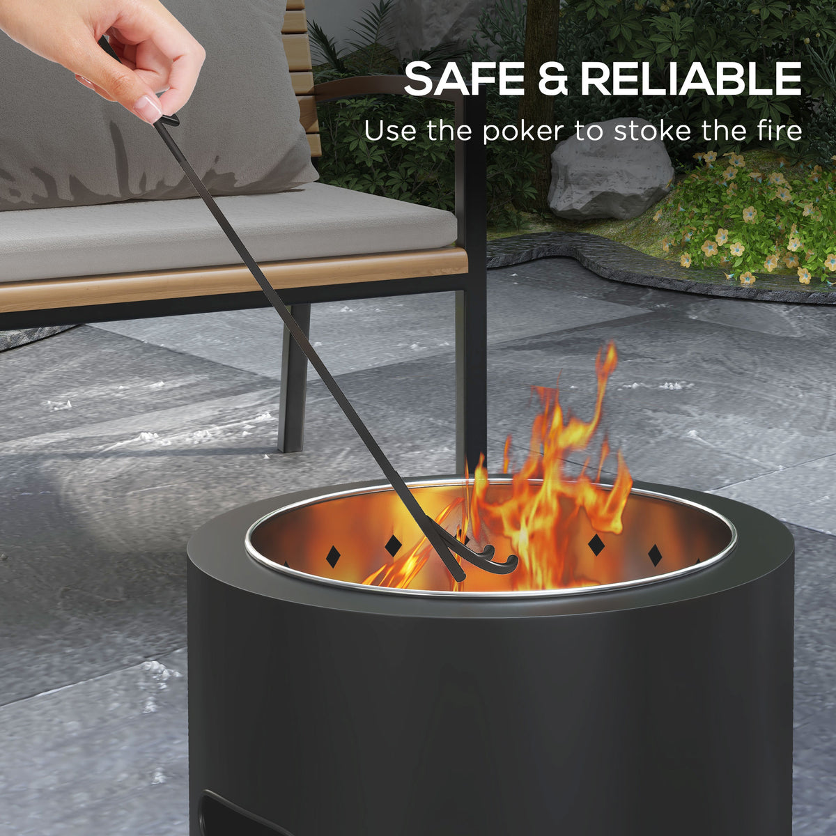 Outsunny Outdoor Fire Pit with Secondary Combustion System and Poker – Smokeless Garden Fire Bowl, Black