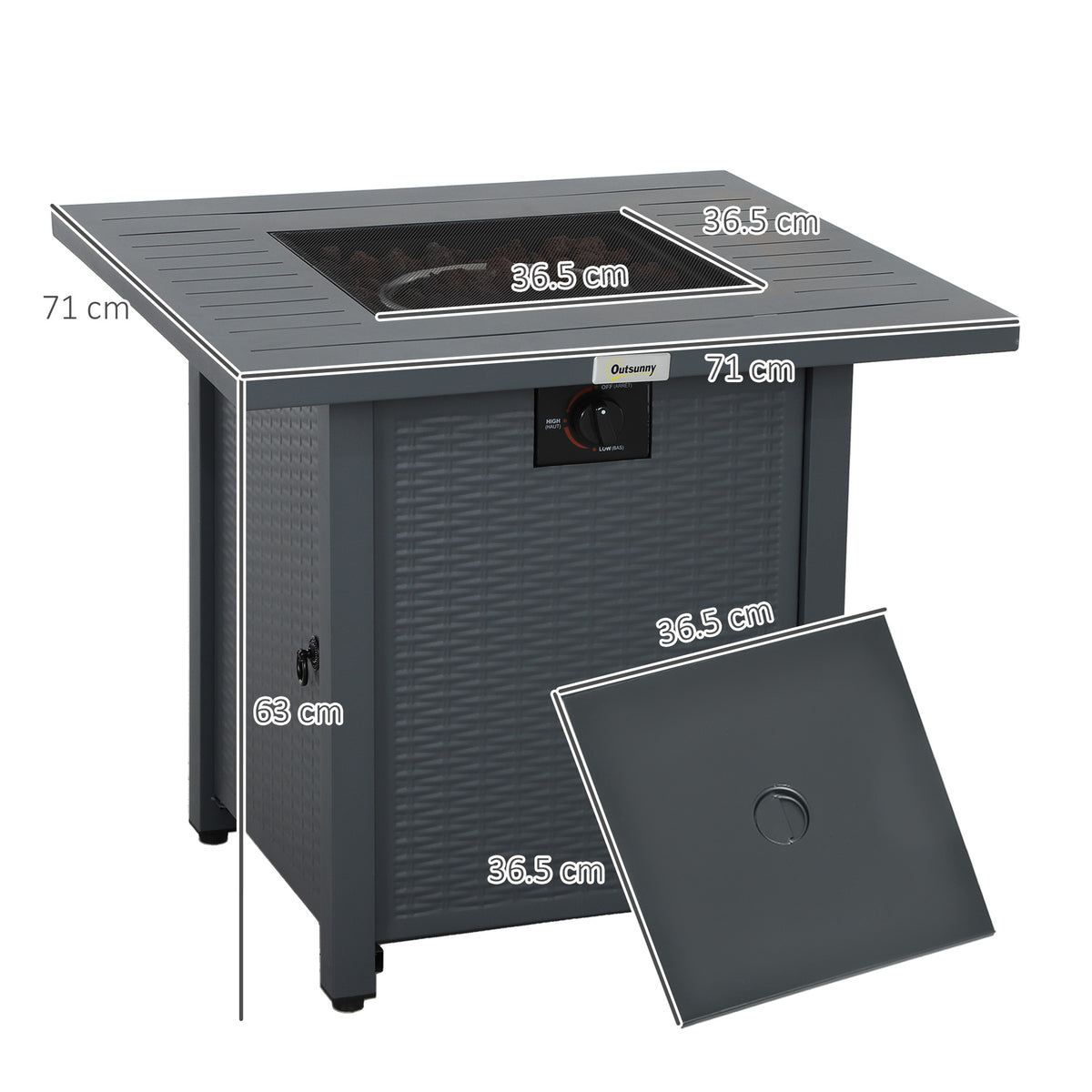 Outsunny 40,000 BTU Propane Gas Fire Pit Table with Glass Door, Lid & Rain Cover – Rattan-Effect Heater, Grey