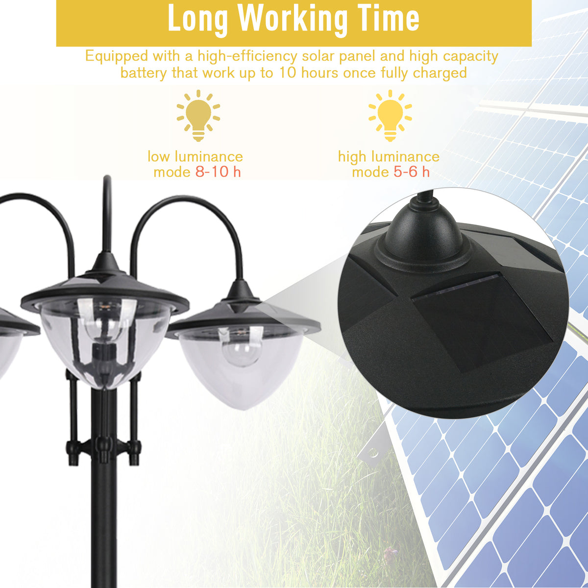 Outsunny 3-Head Solar Lamp Post with Planter Base – Black
