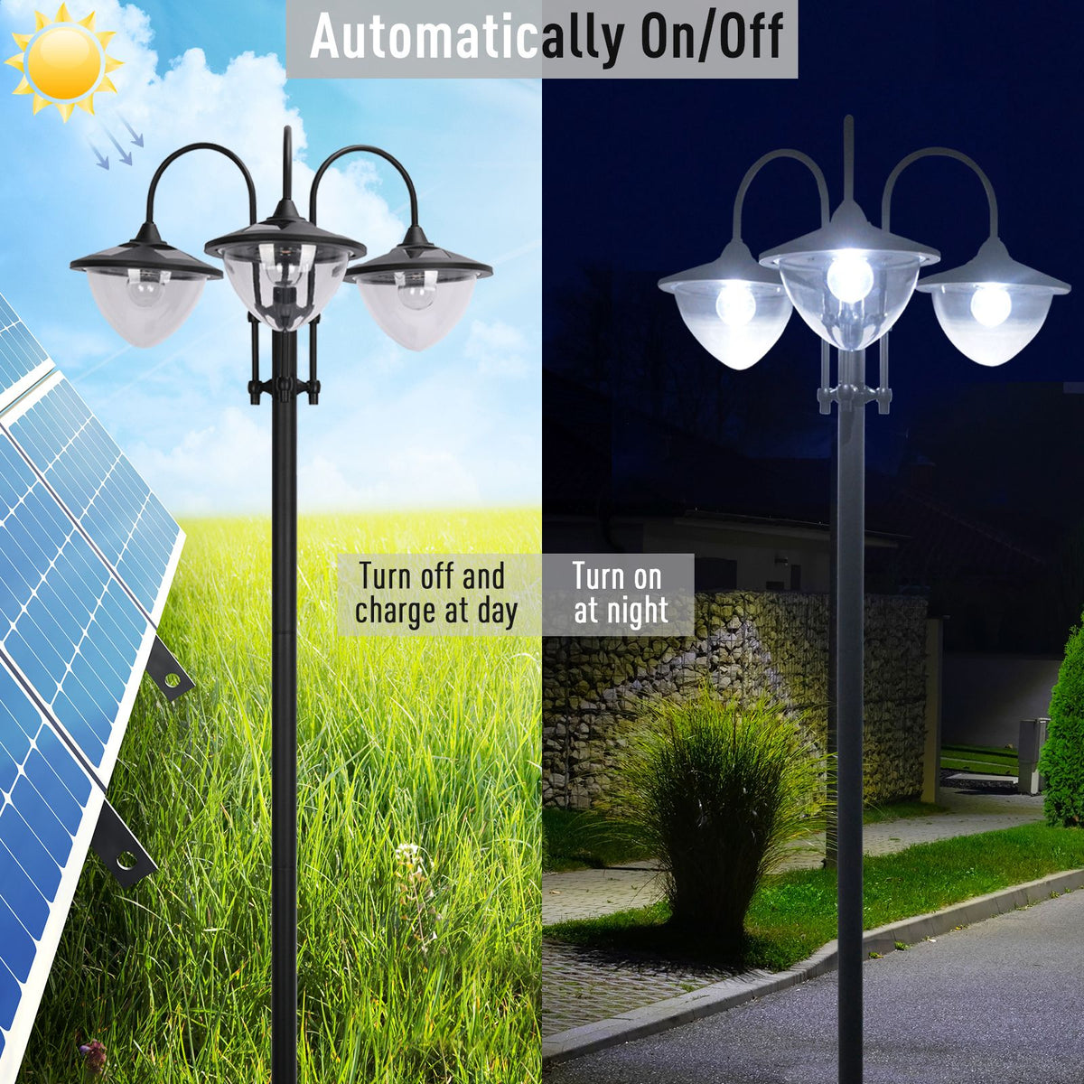 Outsunny 3-Head Solar Lamp Post with Planter Base – Black