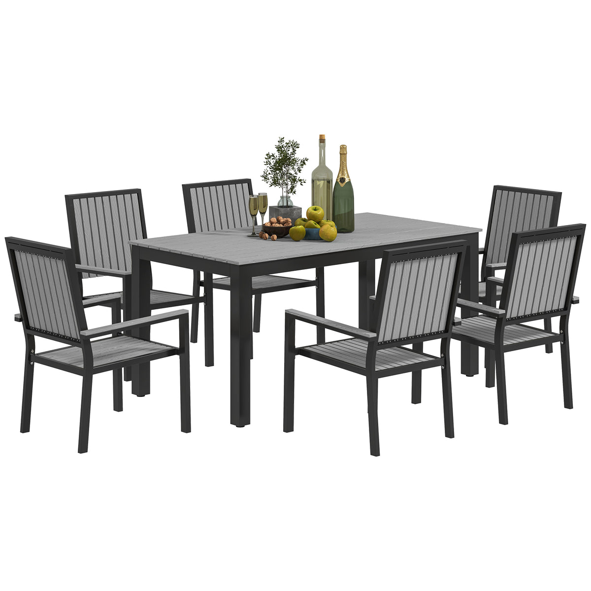 Outsunny 6-Seater Aluminium Garden Dining Set with Stackable Chairs & Wood-Grain Slatted Table – Grey