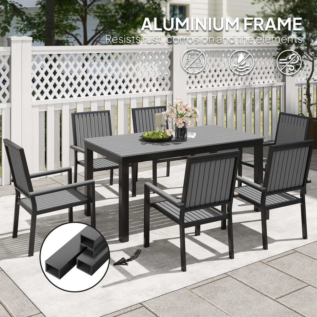 Outsunny 6-Seater Aluminium Garden Dining Set with Stackable Chairs & Wood-Grain Slatted Table – Grey