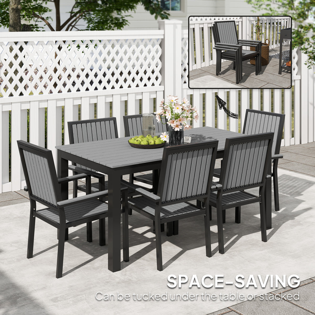 Outsunny 6-Seater Aluminium Garden Dining Set with Stackable Chairs & Wood-Grain Slatted Table – Grey