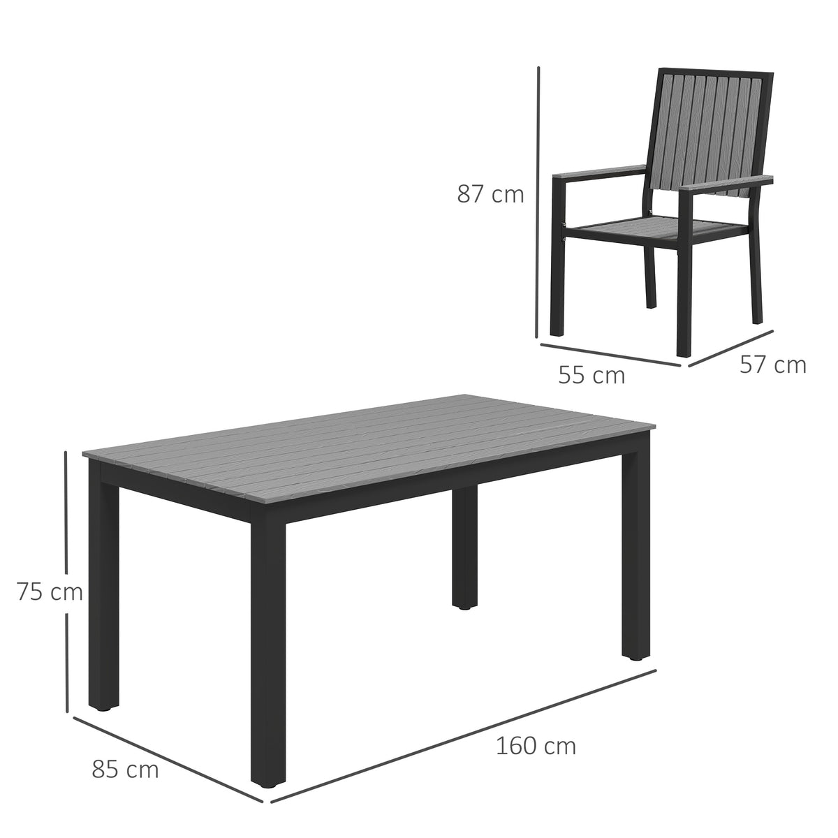 Outsunny 6-Seater Aluminium Garden Dining Set with Stackable Chairs & Wood-Grain Slatted Table – Grey