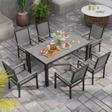Outsunny 6-Seater Aluminium Garden Dining Set with Stackable Chairs & Wood-Grain Slatted Table – Grey