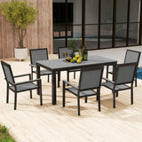 Outsunny 6-Seater Aluminium Garden Dining Set with Stackable Chairs & Wood-Grain Slatted Table – Grey
