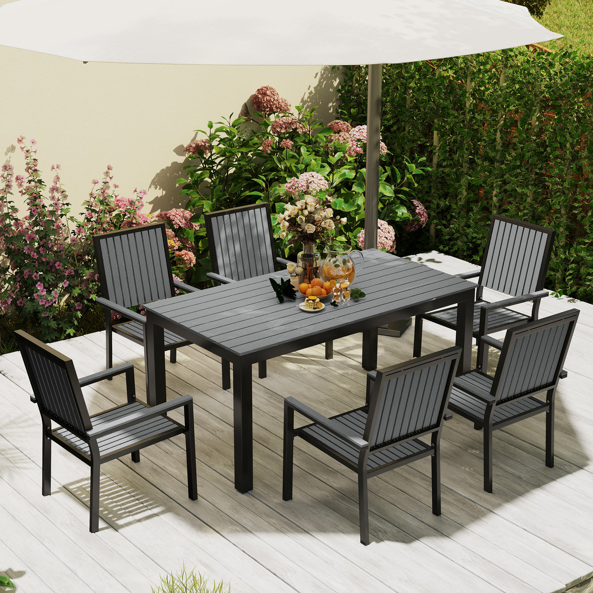 Outsunny 6-Seater Aluminium Garden Dining Set with Stackable Chairs & Wood-Grain Slatted Table – Grey