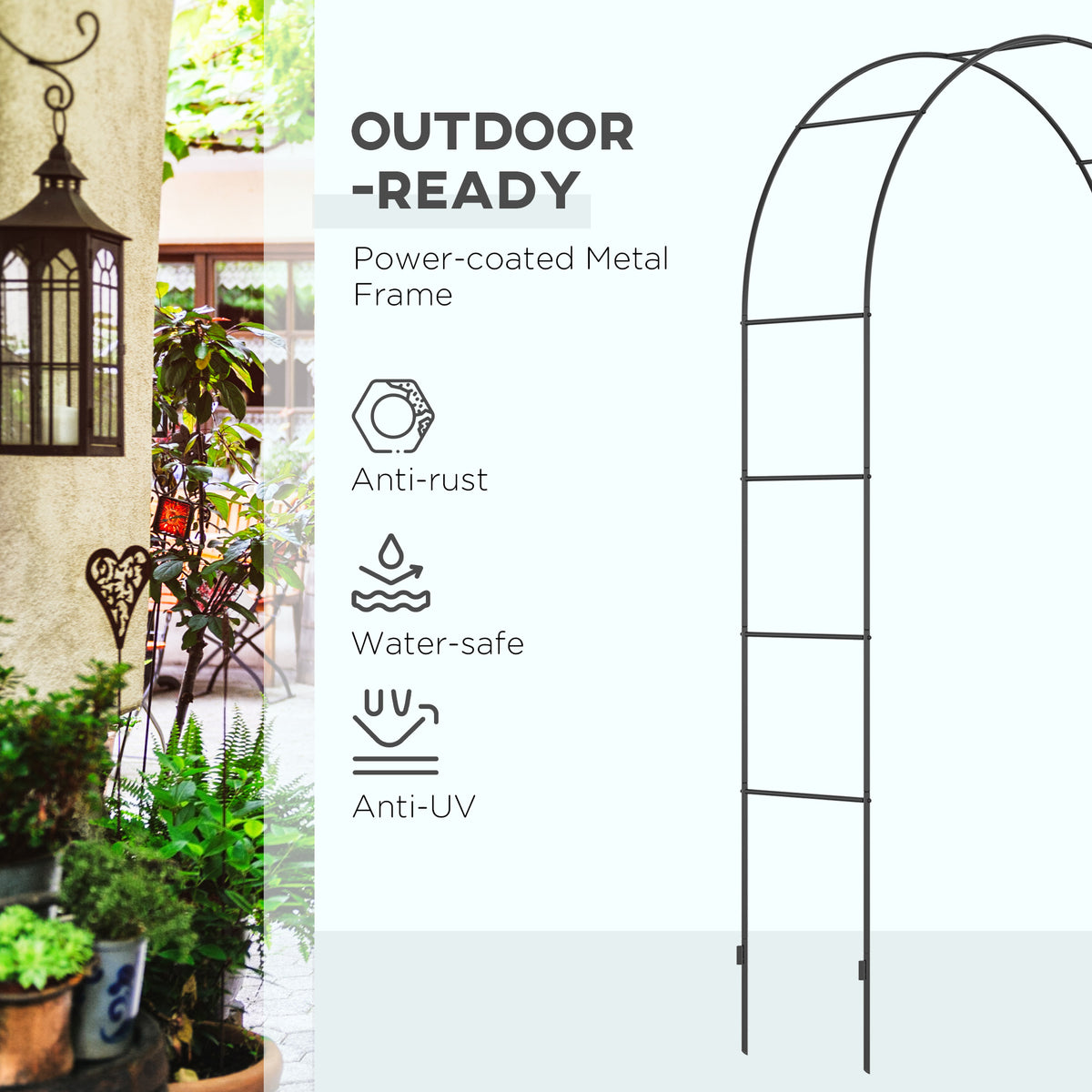 Outsunny Metal Garden Arch for Climbing Plants with Ground Stakes – Arbor for Weddings and Events, Black