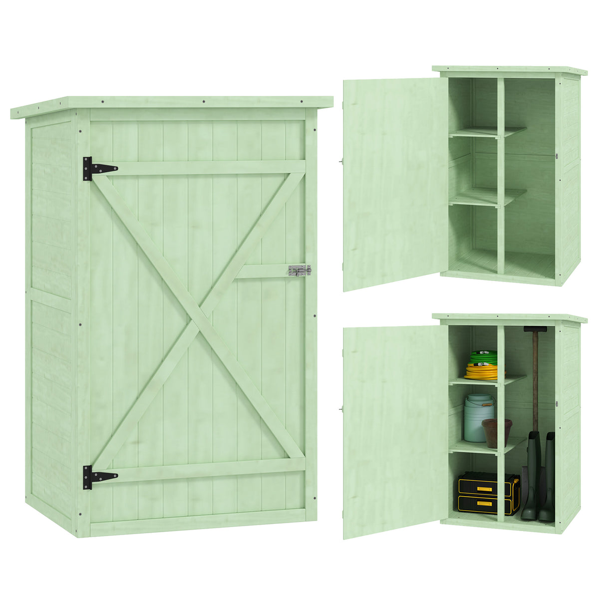 Outsunny Fir Wood Garden Shed with 2 Shelves & Lockable Doors – Tool Storage, 75 x 56 x 115cm, Green