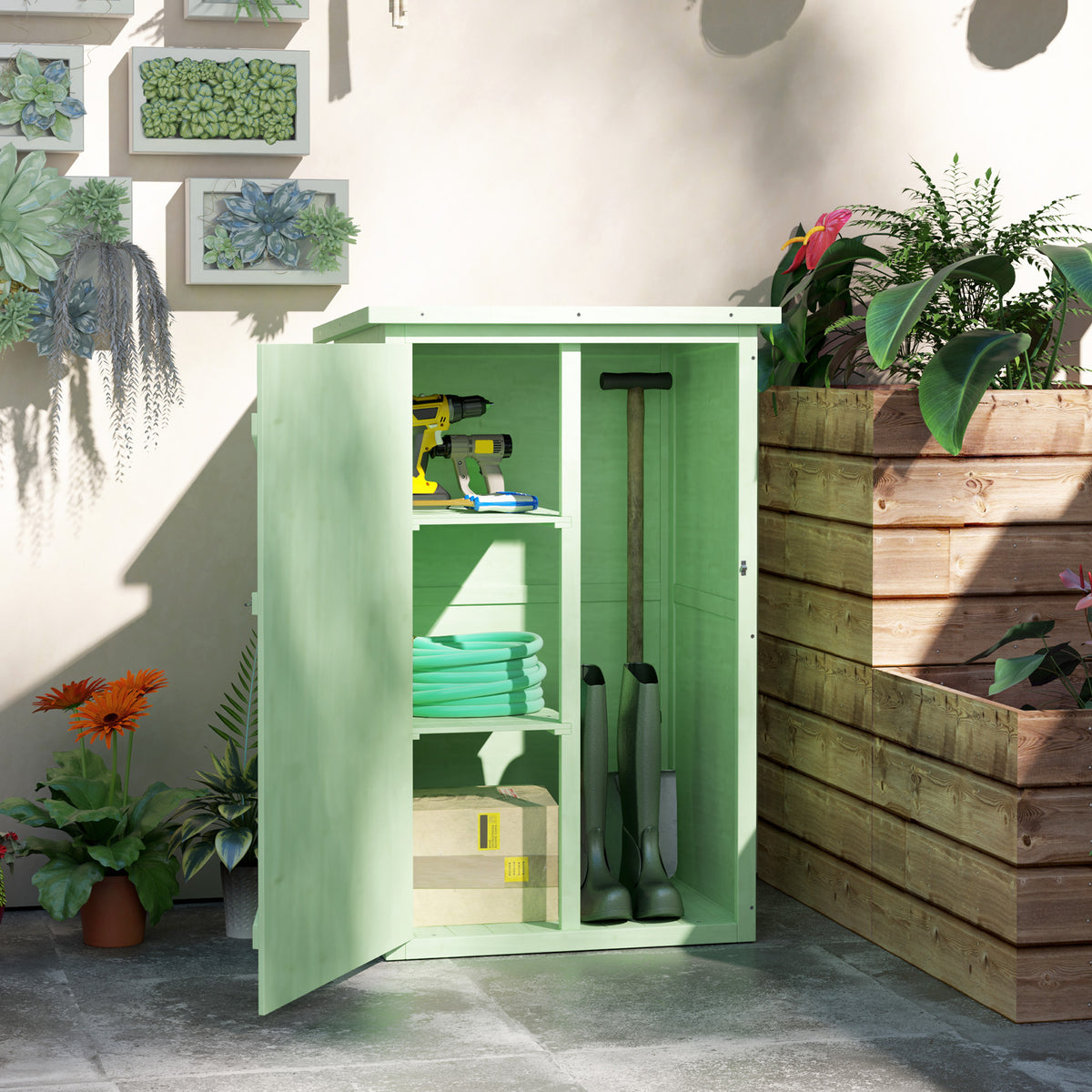 Outsunny Fir Wood Garden Shed with 2 Shelves & Lockable Doors – Tool Storage, 75 x 56 x 115cm, Green