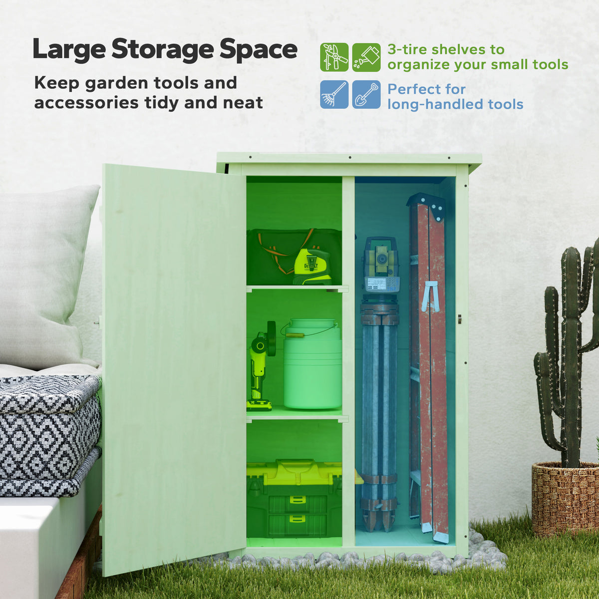 Outsunny Fir Wood Garden Shed with 2 Shelves & Lockable Doors – Tool Storage, 75 x 56 x 115cm, Green