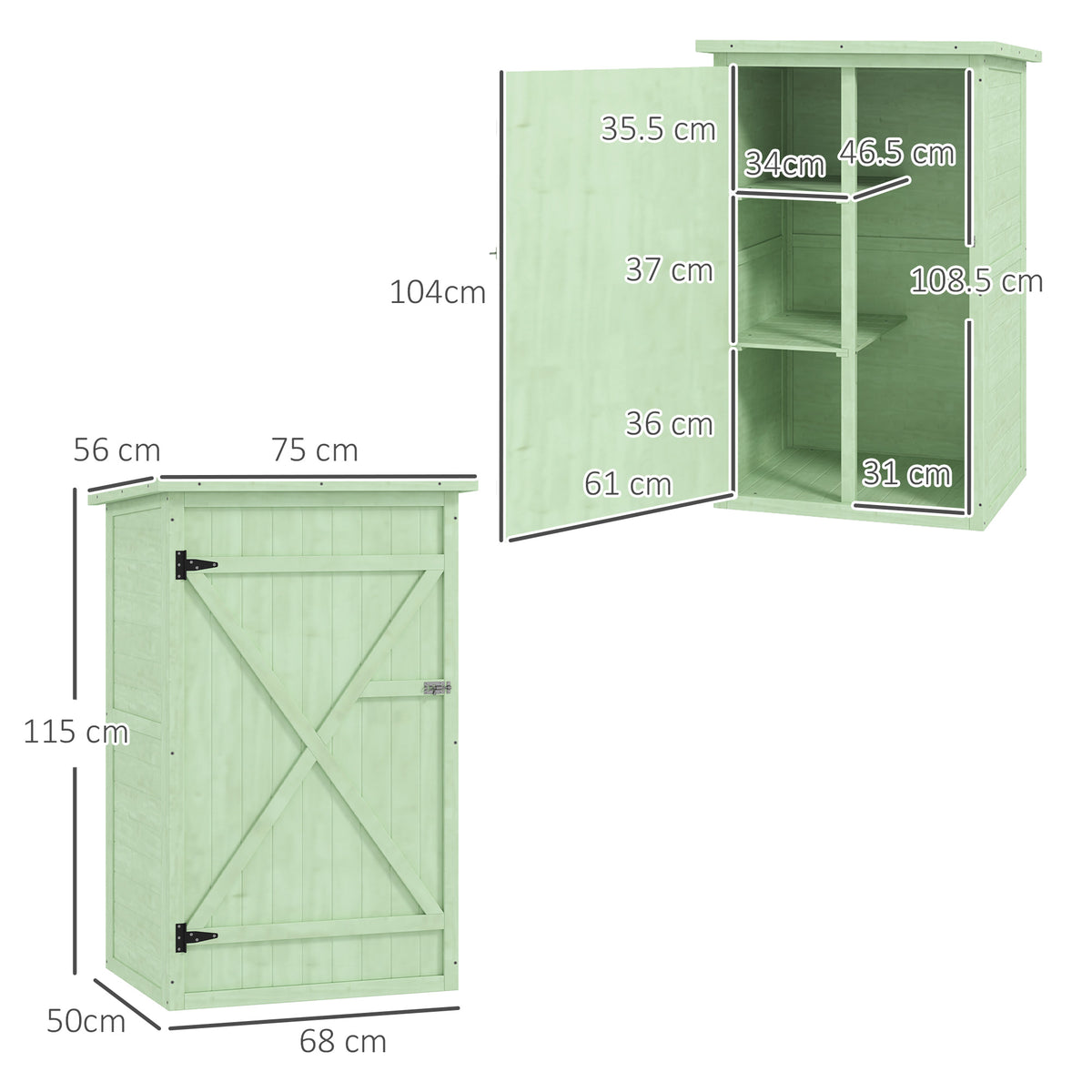 Outsunny Fir Wood Garden Shed with 2 Shelves & Lockable Doors – Tool Storage, 75 x 56 x 115cm, Green