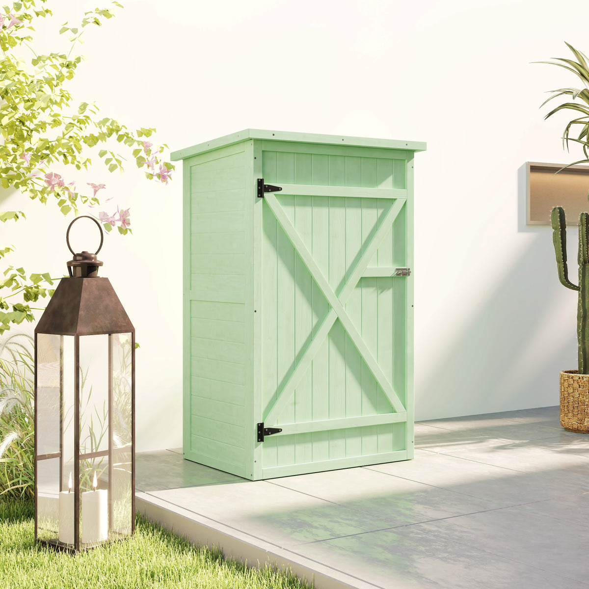 Outsunny Fir Wood Garden Shed with 2 Shelves & Lockable Doors – Tool Storage, 75 x 56 x 115cm, Green
