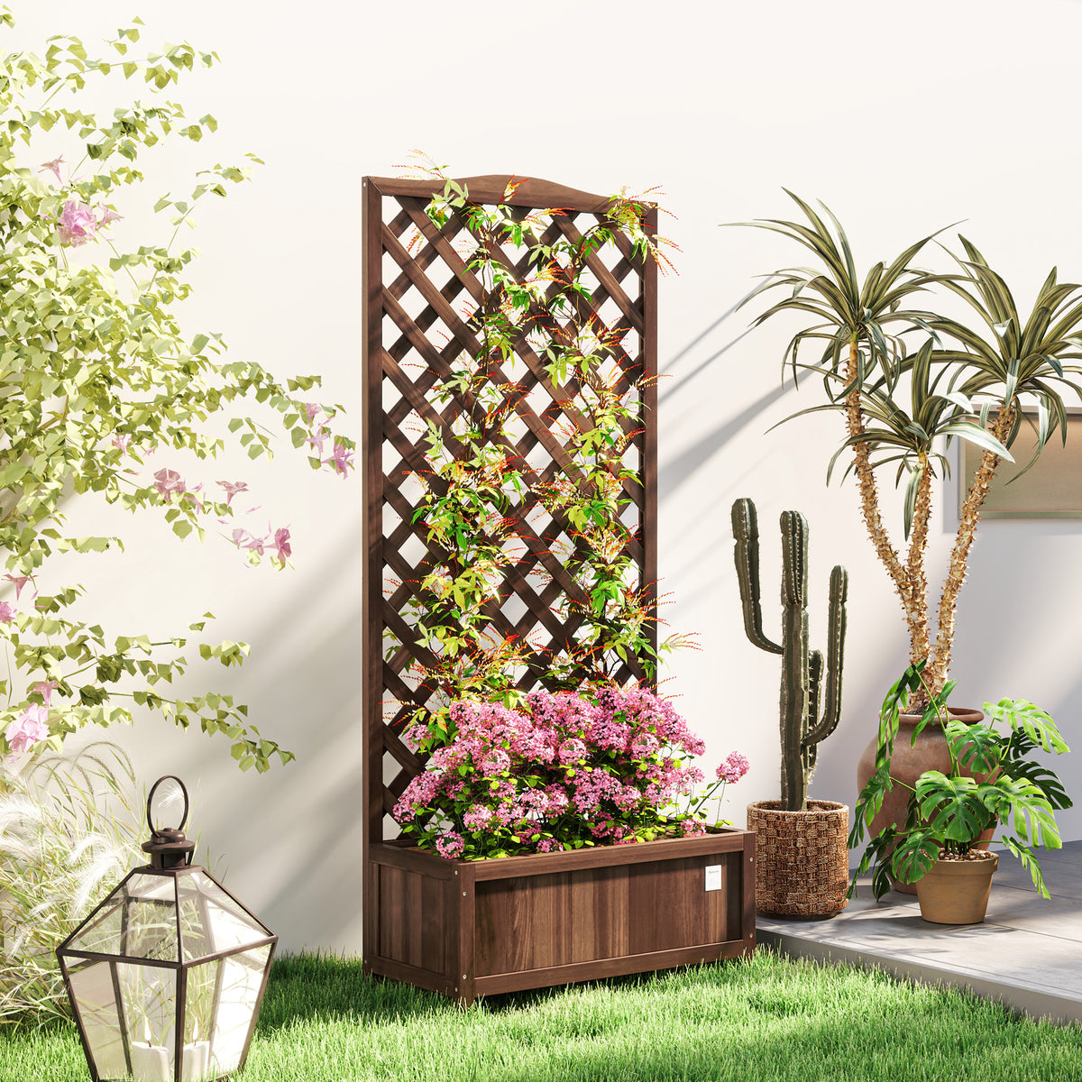 Outsunny Wooden Planter Box with Trellis – Fir Raised Garden Bed for Climbing Plants, 76 x 36 x 170cm