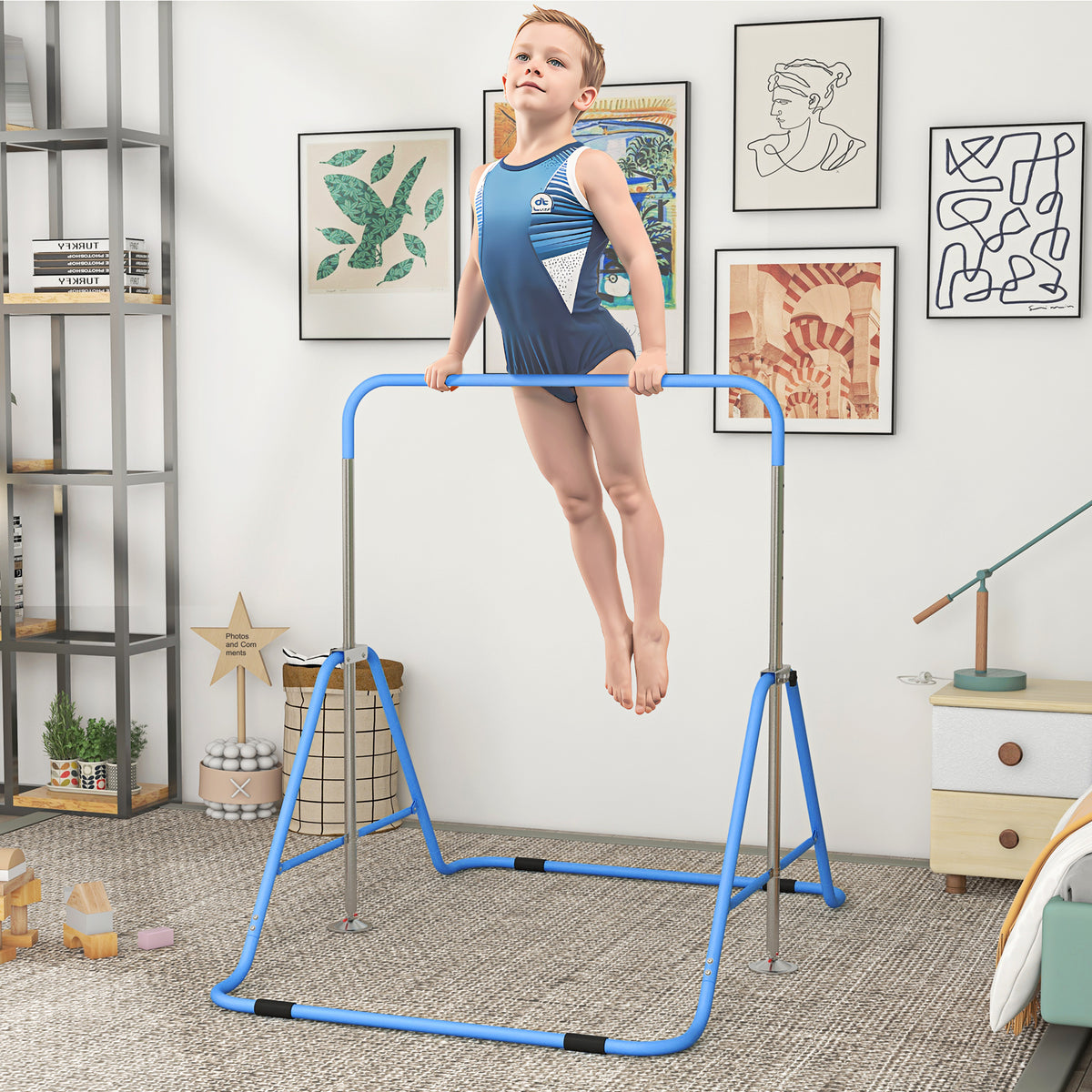 HOMCOM Kids Gymnastic Bar with Adjustable Height & Foldable Steel Frame – Training Bar for Ages 3+, Blue