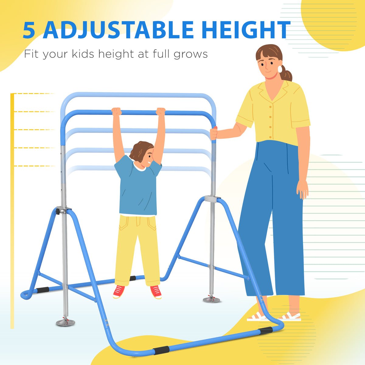 HOMCOM Kids Gymnastic Bar with Adjustable Height & Foldable Steel Frame – Training Bar for Ages 3+, Blue
